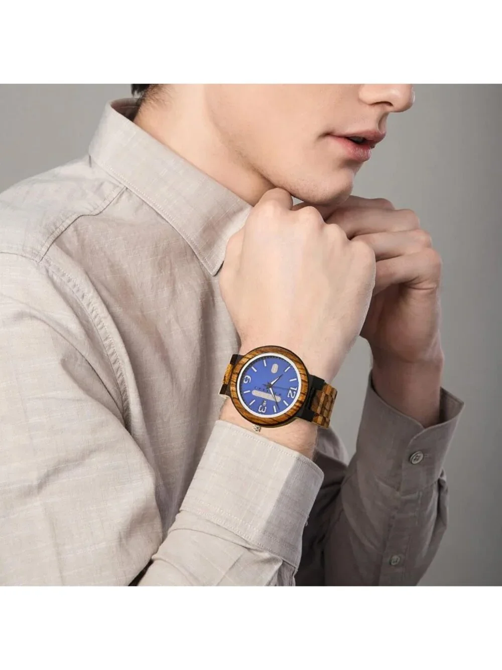 Men's Brown Blue Multi-Functional Quartz Lightweight Handmade Wrist Wooden Watch